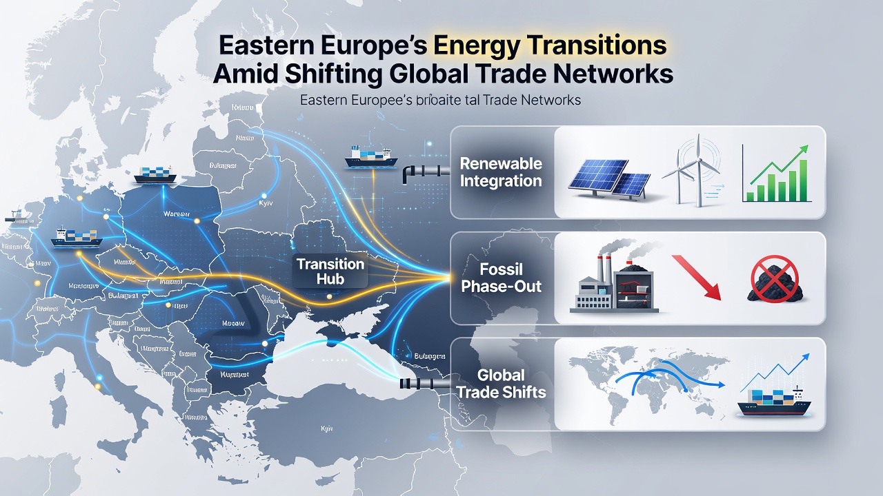 Map and charts showing energy trade routes and renewable capacity growth in Eastern Europe